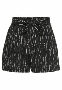 Shorts noirs avec une taille à nouer, présentant un imprimé texturé de lignes verticales blanches et grises ainsi que des points, conçus avec des plis pour ajouter du volume.