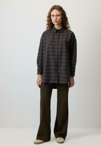 Srajca z gumbi s hkratnimi rjavimi in modrimi vodoravnimi črtami, sproščen kroj, zataknjena v olivno zelene široke hlače, obuta v svetleče barvne čevlje.