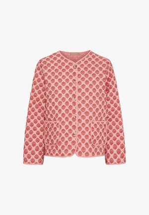 Lyserød jakke med knapper foran og rød blomstermønster, rund halsudskæring, lange ærmer og to påsatte lommer foran.