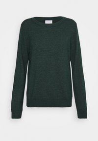 Pull vert foncé avec un col rond, des manches longues, des poignets et un ourlet côtelés. Fabriqué en tissu tricoté texturé.