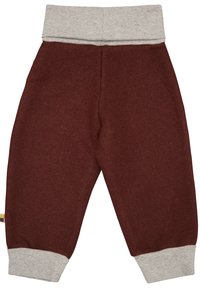 Bordeauxfarbene Jogginghose mit einem grauen elastischen Bund und Bündchen. Weicher, strukturierter Stoff mit lockerer Passform und einem kleinen mehrfarbigen Etikett an der Seite.