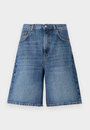 Light blue denim shorts with a relaxed fit, mid-rise waist, five-pocket design, and visible stitching along the hem.