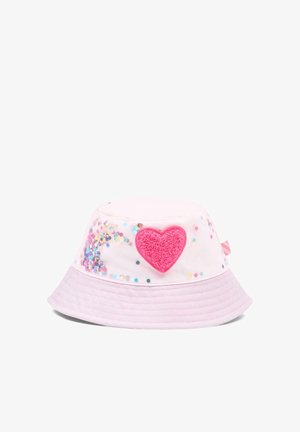 Chapeau seau rose clair avec un cœur texturé rose vif et des confettis multicolores dispersés sur la partie supérieure.