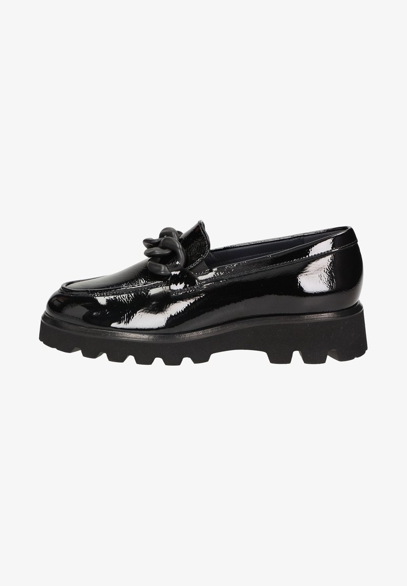 Mocassin en cuir verni noir avec semelle épaisse et large chaîne torsadée sur la tige, présenté de profil sur fond blanc.