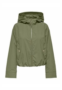 Veste à capuche courte en vert olive, dotée d'une fermeture éclair à l'avant, de deux poches latérales et d'une texture de tissu lisse et léger.