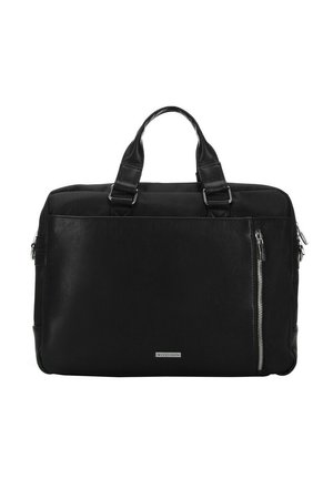 Sacoche noire pour ordinateur portable avec doubles poignées, poche frontale zippée, surface texturée et finition lisse et brillante. Dotée d'accents en métal argenté.