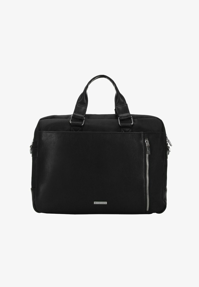 Black laptop bag with dual handles, zippered front pocket, textured surface, and a smooth, shiny finish. Features silver-tone hardware accents.