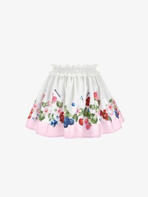 White floral skirt with a shirred waistband, featuring colorful berry and flower patterns, accented with a pink polka dot hem.