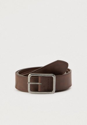 Rudas odinis diržas su sidabrine stačiakampio formos sagtimi, pasižymintis lygiu paviršiumi ir siuvinėtomis kraštinėmis, skirtas kasdieniam arba formaliojo stiliaus dėvėjimui.