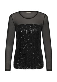 Top nero a maniche lunghe con corpo impreziosito da paillettes, sopra un tessuto in rete trasparente. Collo rotondo e vestibilità aderente. Texture morbida.
