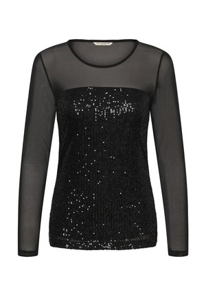 Schwarzes Langarmoberteil mit einem Pailletten-verzierte Oberkörper, über einem transparenten Mesh-Gewebe. Runder Halsausschnitt und slim Fit. Glatte Textur.