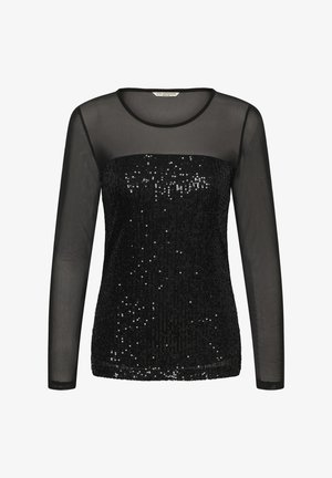 Fekete hosszú ujjú felső, flitterekkel díszített testtel, áttetsző hálós anyag felett. Kerek nyakkivágás és slim fit szabás. Simább textúra.