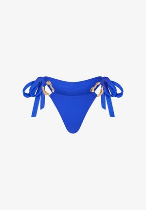 Blauer Bikini-Unterteil mit dreieckiger Form, aus glattem Stoff, mit goldfarbener Hardware und Bandbindungen an den Seiten.
