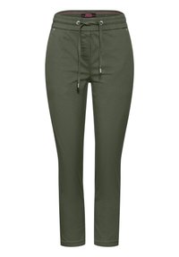Groene, rekbare joggingsbroek met een elastische tailleband, trekkoord en zilveren metalen accenten. Slim fit met taps toelopende pijpen.