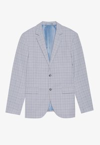 Lyse blå rutete blazer med to framside lommer, notched lapels, og en enkelt knapp lukking. Fôret med lyseblått stoff.