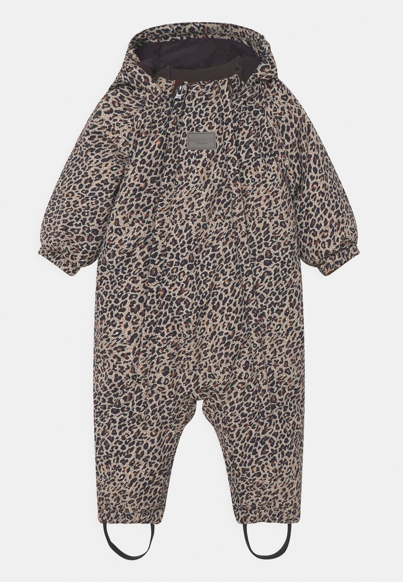 Tutina invernale intera con cappuccio per neonati, maniche lunghe, motivo a stampa leopardata, cerniera frontale e cinturini per i piedi per una vestibilità sicura.