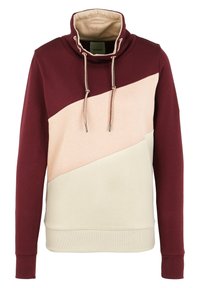Pull-over à manches longues avec col montant et cordons de serrage, bicolore en bordeaux, rose clair et beige.