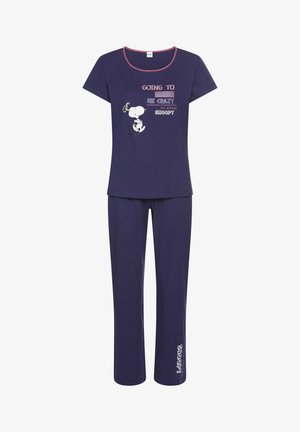 Cotton pajama set in navy with short-sleeve top and long pants. Features Snoopy graphic with text and contrasting pink neckline and logo.