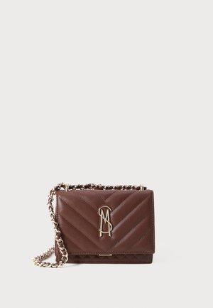 Brown leather handbag featuring a quilted chevron pattern, a gold-tone chain strap, and a logo accent on the front.