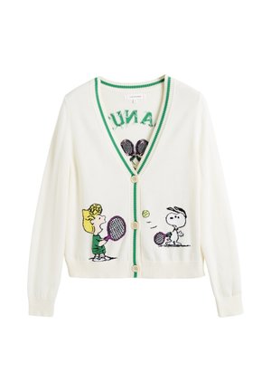 Cardigan en tricot blanc avec finitions vertes, présentant des personnages de dessin animé jouant au tennis, fermeture à boutons et texture douce.