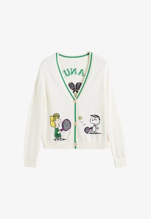 Witte gebreide cardigan met groene afwerking, met cartoonfiguren die tennis spelen, knoopsluiting en een zachte textuur.