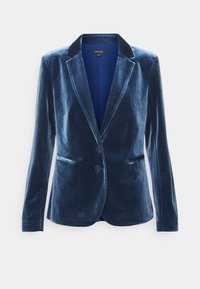 Blazer en velours bleu marine avec une texture lisse, col à revers crantés, deux boutons et poches latérales ; doté d'une doublure intérieure bleue.