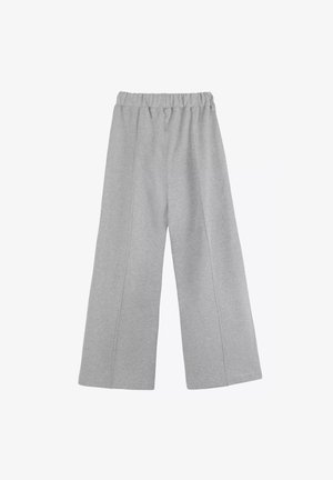 Grijze wijde sweatpants met een elastische tailleband, gemaakt van een zachte stof. Kenmerkt zich door een gladde textuur en subtiele stikseldetails.
