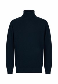 Ciemnoniebieski sweter typu golf wykrojony z dzianiny, z prążkowanym kołnierzem i mankietami, o gładkiej fakturze i klasycznym kroju.