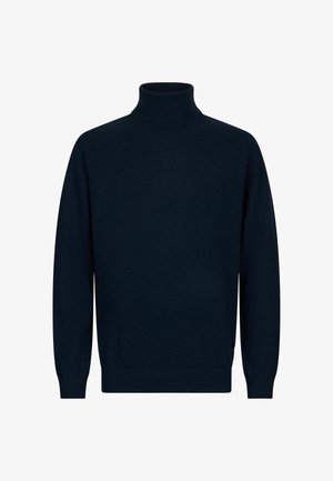 Sötétkék garbó pulóver kötött anyagból, bordázott gallérral és mandzsettával, sima felülettel és klasszikus dizájnnal.