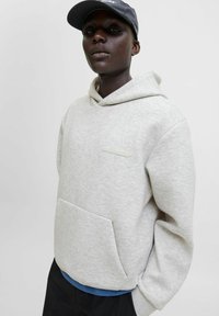 Helle graue Kapuzenjacke mit einer Vordertasche, aus weichem Stoff gefertigt. Verfügt über eine glatte Textur und ein minimalistisches Design mit einem kleinen Streifendetail.
