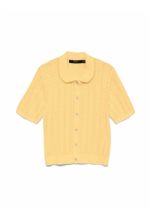Cardigan jaune à manches courtes en tricot avec col festonné, boutonnage devant et motif ajouré délicat.