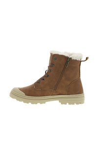 Bottines marron avec doublure en fausse fourrure, devant lacé, fermeture éclair sur le côté et semelle en caoutchouc. Caractéristiques : tige en cuir texturé et semelle contrastée.