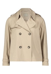 Beige trench coat with a double-breasted design, large lapels, and two front pockets. Features metallic buttons and shoulder epaulets.
