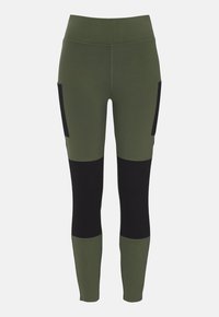 Olivgrüne Leggings mit schwarzen seitlichen Taschen und unteren Einsätzen. Hergestellt aus dehnbarem Material, mit hohem Bund und taillierter Passform.