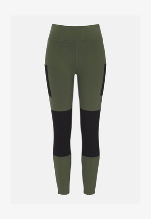 Olivgröna leggings med svarta sidofickor och nedre paneler. Tillverkade av elastiskt material, med hög midja och figurnära design.