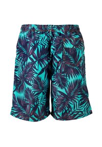 Turquoise swim shorts with a dark blue and purple palm leaf pattern, elastic waistband, and a back pocket with contrasting stitching.