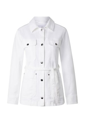 Witte lange mouwen jas met kraag, knoopsluiting aan de voorkant, vier zakken met knoopkleppen en een bijpassende stoffen riem gestrikt in de taille.