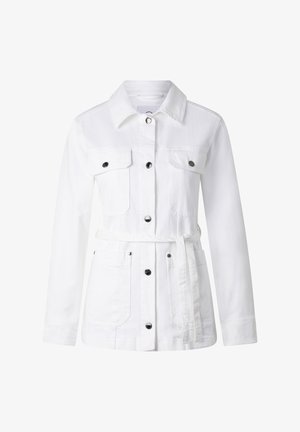 Witte lange mouwen jas met kraag, knoopsluiting aan de voorkant, vier zakken met knoopkleppen en een bijpassende stoffen riem gestrikt in de taille.