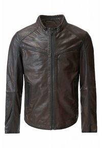 Braune Lederjacke mit hohem Kragen, sichtbarem Reißverschluss, zwei Seitentaschen und dezenten Nähdetails. Glatte Textur und taillierte Passform.