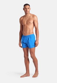Blå badshorts med elastisk midjeresår och en liten logotyp på vänster ben. Tyget verkar lätt och slätt.