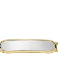 Objeto de metal en tono dorado con un centro rectangular pulido en plata. Bordes suaves y redondeados con un acabado brillante. Sin sujetadores o detalles visibles.