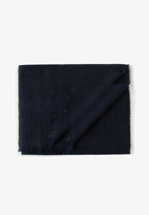 Dunkelblauer Schal aus einem weichen, strukturierten Stoff. Mit ausgefransten Kanten und rechteckiger Form, gefaltet, um die glatte Oberfläche zu zeigen.