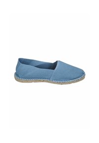 Blue canvas espadrille with a rounded toe, elasticized sides, and a braided jute sole. Features stitched detailing along the sole edge.