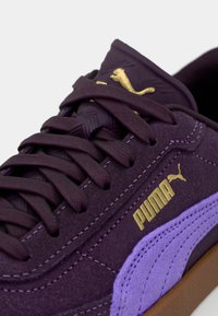 Ljubičasti suede tenesici s dizajnom na vezanje, zlatnim logotipom i kontrastnim ljubičastim trakama. Imaju teksturirane detalje na jeziku.