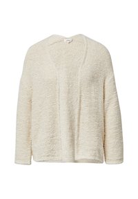 Crèmekleurige cardigan van gestructureerd breiwerk, met een losse pasvorm, open voorkant en lange mouwen. Geen sluitingen of versieringen.
