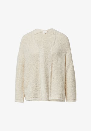 Crèmekleurige cardigan van gestructureerd breiwerk, met een losse pasvorm, open voorkant en lange mouwen. Geen sluitingen of versieringen.