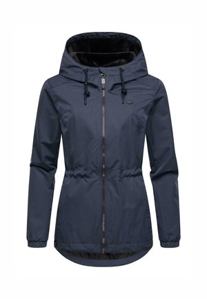 Navy blue, lightweight jacket with a faux fur-lined hood, elastic waist, full zip front, and adjustable drawstrings. Features long sleeves.
