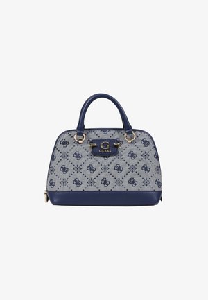 Sac à main structuré en toile grise avec des accents en cuir bleu marine. Présente un motif floral, des poignées supérieures doubles et des accessoires en métal doré.