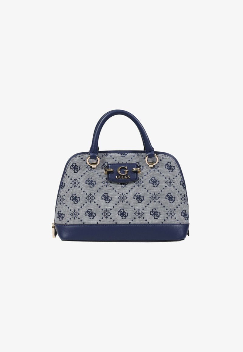 Structured handbag in grey canvas with navy blue leather accents. Features a floral pattern, dual top handles, and gold-tone hardware.