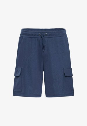 Tummansininen cargo-shortsit, jotka on valmistettu pehmeästä kankaasta. Niissä on joustava vyötärö, jossa on nyöri, kaksi sivutaskua ja kaksi läpällistä taskua.